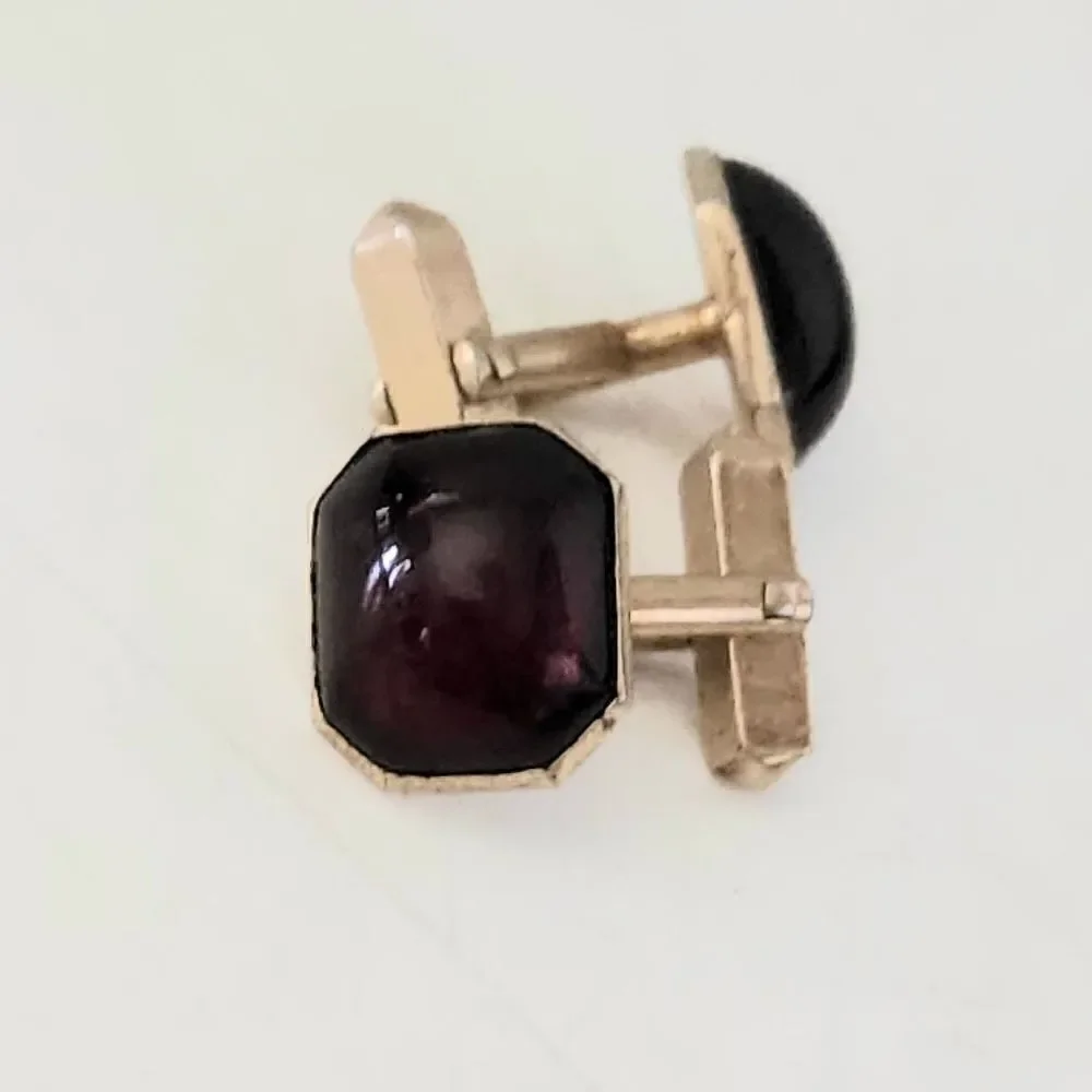 Swank men's cuff links gold color metal dark red stone
